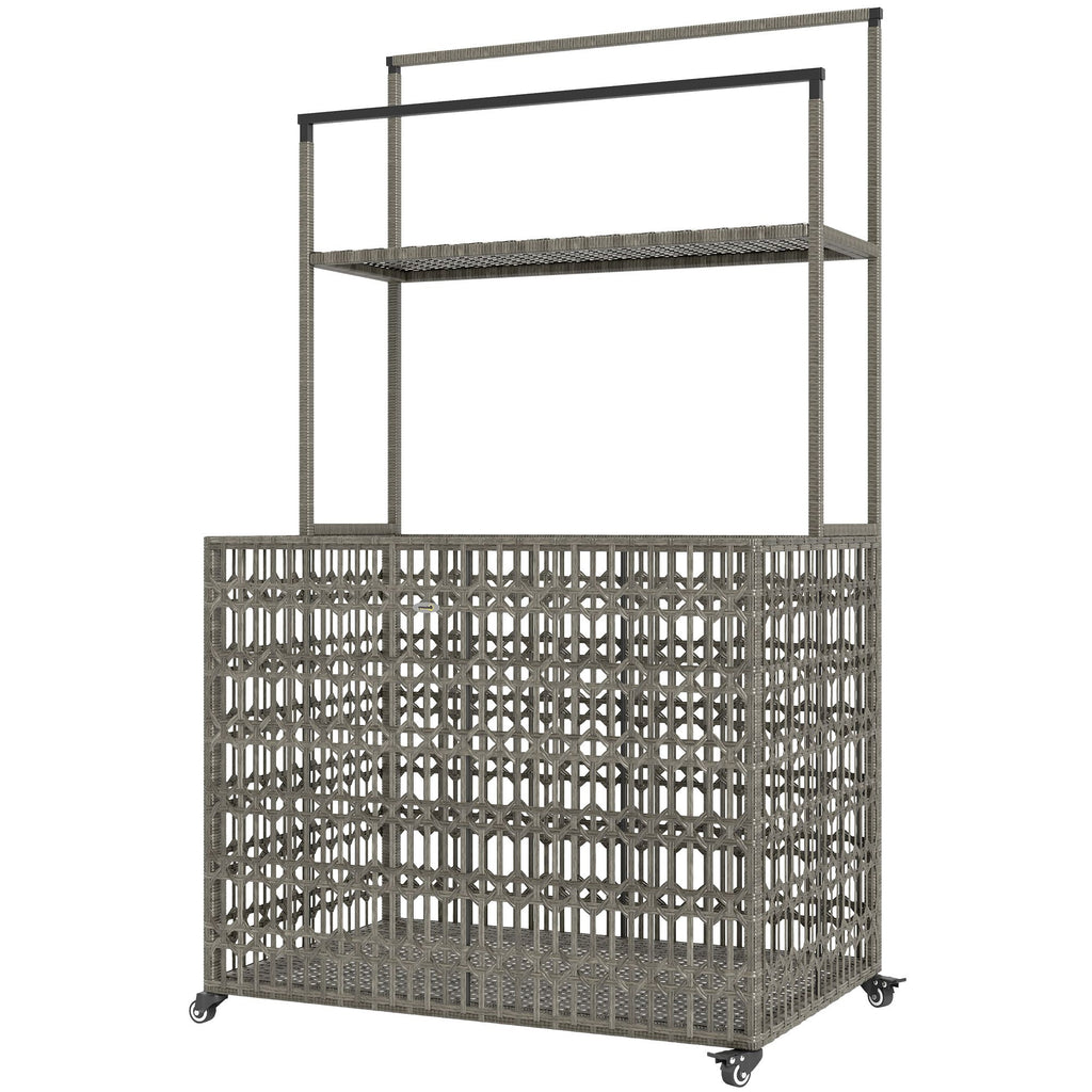 Wicker Pool Float Storage Organizer, PE Rattan Pool Float Holder with Basket Shelf Towel Bars, Rolling Pool Caddy for Floaties, Noodles, Life Vests, Beach Balls, Mixed-Gray