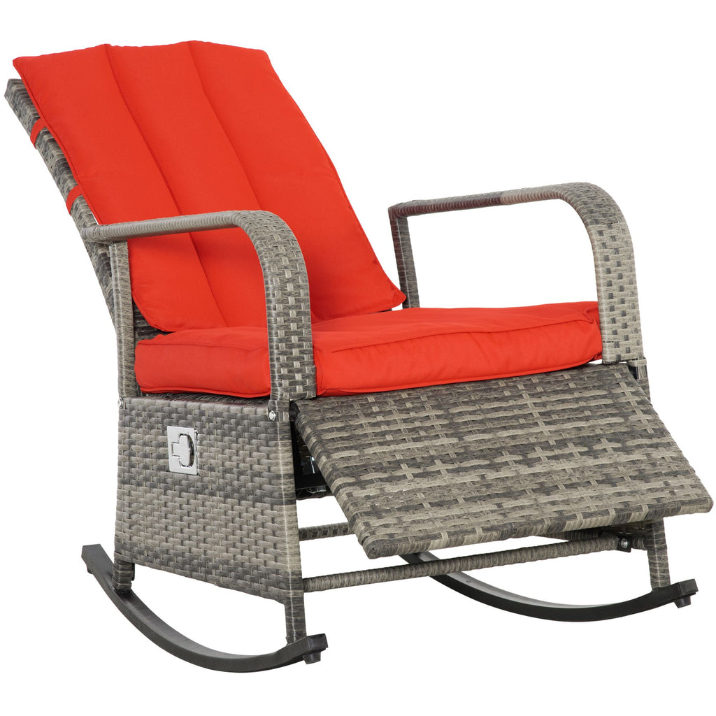 Wicker Rocking Chair Outdoor Recliner Chari with Soft Cushion, Adjustable Footrest, Max. 135 Degree Backrest, Red