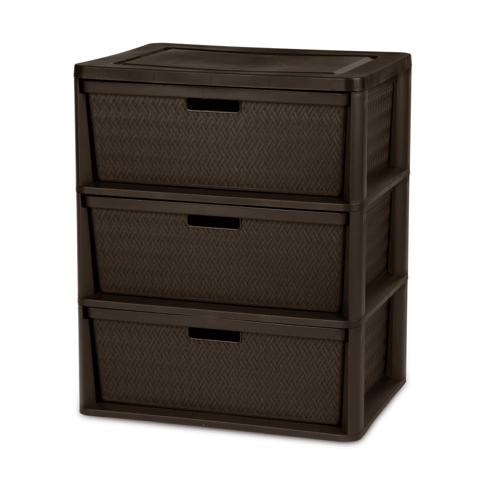 Wide 3 Drawer Tower, Plastic Storage Organizer with Removable Decorative Bins, Easy to Assemble - No Tools Needed, Brown (Shipment from Walmart)