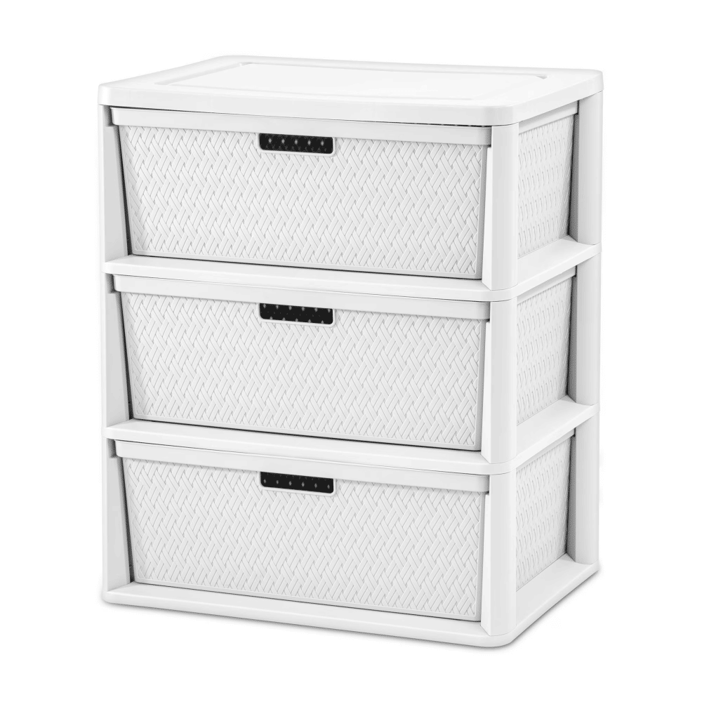 Wide 3 Drawer Tower, Plastic Storage Organizer with Removable Decorative Bins, Easy to Assemble - No Tools Needed, White (Shipment from Walmart)