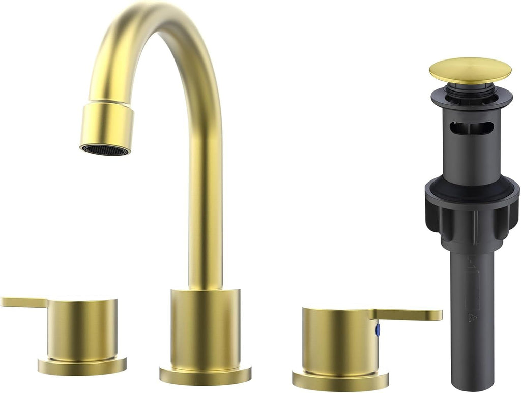 Widespread Bathroom Sink Faucet Brushed Gold 2 Handle 8 inch 3 Hole 360°Swivel Spout Vanity Sink with Pop Up Drain Assembly[Unable ship on weekends, TK/TEMU only for pickup]