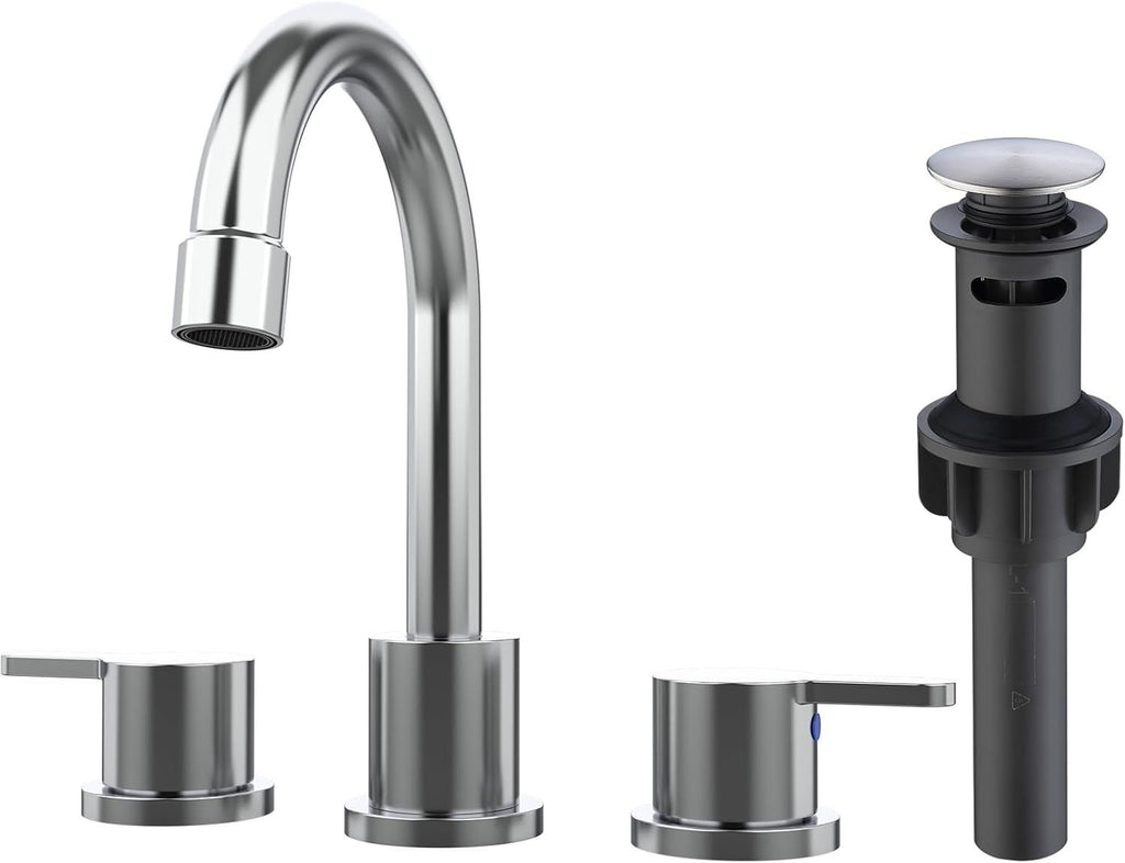 Widespread Bathroom Sink Faucet Chrome 2 Handle 8 inch 3 Hole 360°Swivel Spout Vanity Sink with Pop Up Drain Assembly[Unable ship on weekends, TK/TEMU only for pickup]