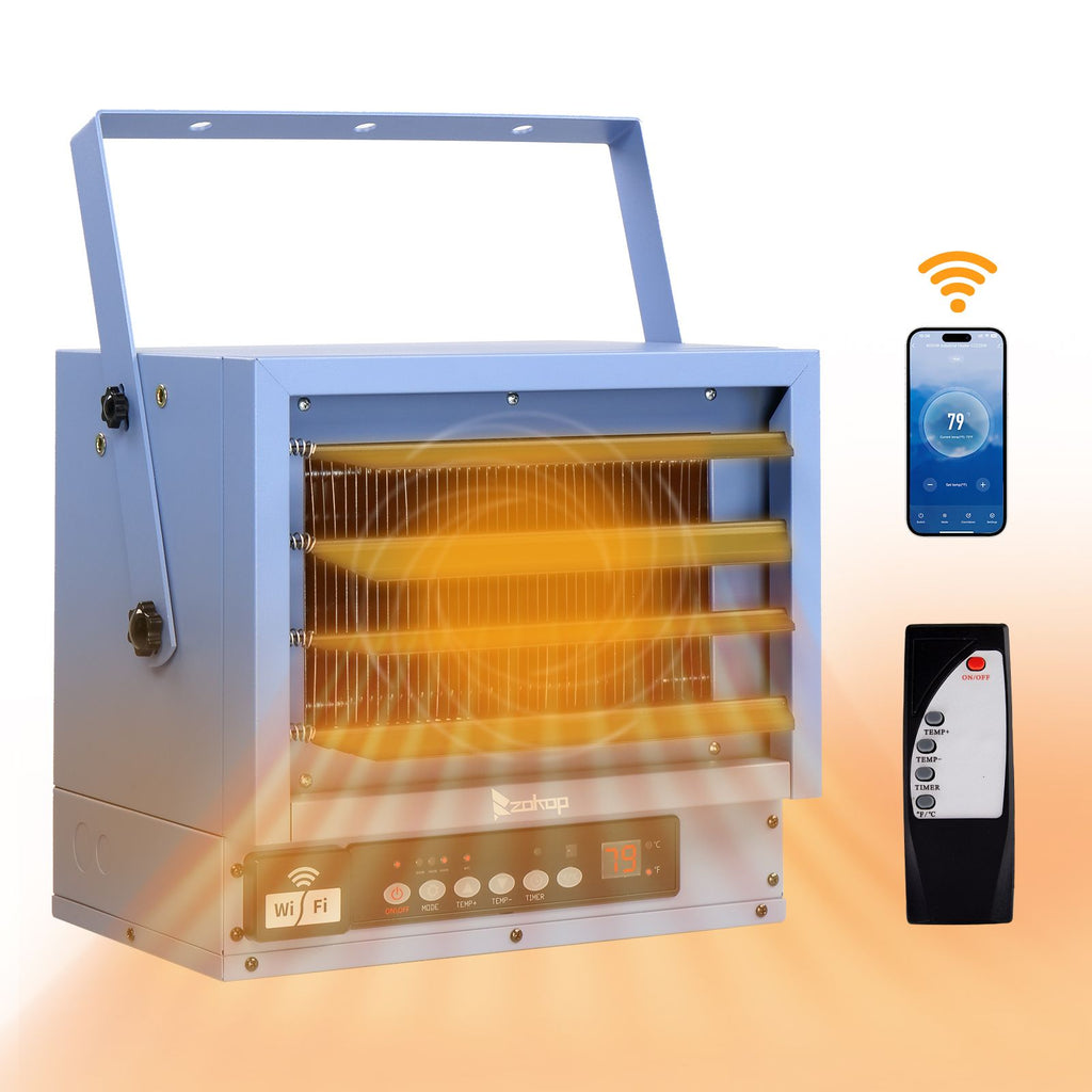 WiFi Smart Electric Garage Heater, 5000W Ceiling Mount Space Heater, 240-Volt Hard-Wired Heater Fan-Forced Shop Heater with Digital Thermostat, 12H Timer, Remote Control, Blue