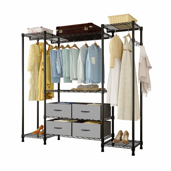 Wire Garment Rack Heavy Duty Clothes Rack, Closet Organizer Metal Garment Rack Portable Clothes Hanger Home Shelf Fabric Drawers, Freestanding Closet Wardrobe, Black