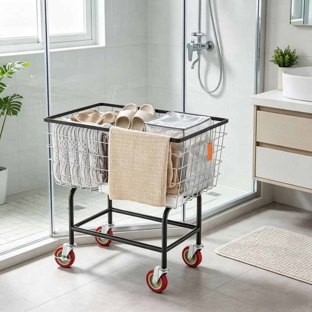 Wire Laundry Cart, 2.8 Bushel Wire Laundry Basket with Wheels, 26.7" x 21.7" x 26.4" Commercial Grade