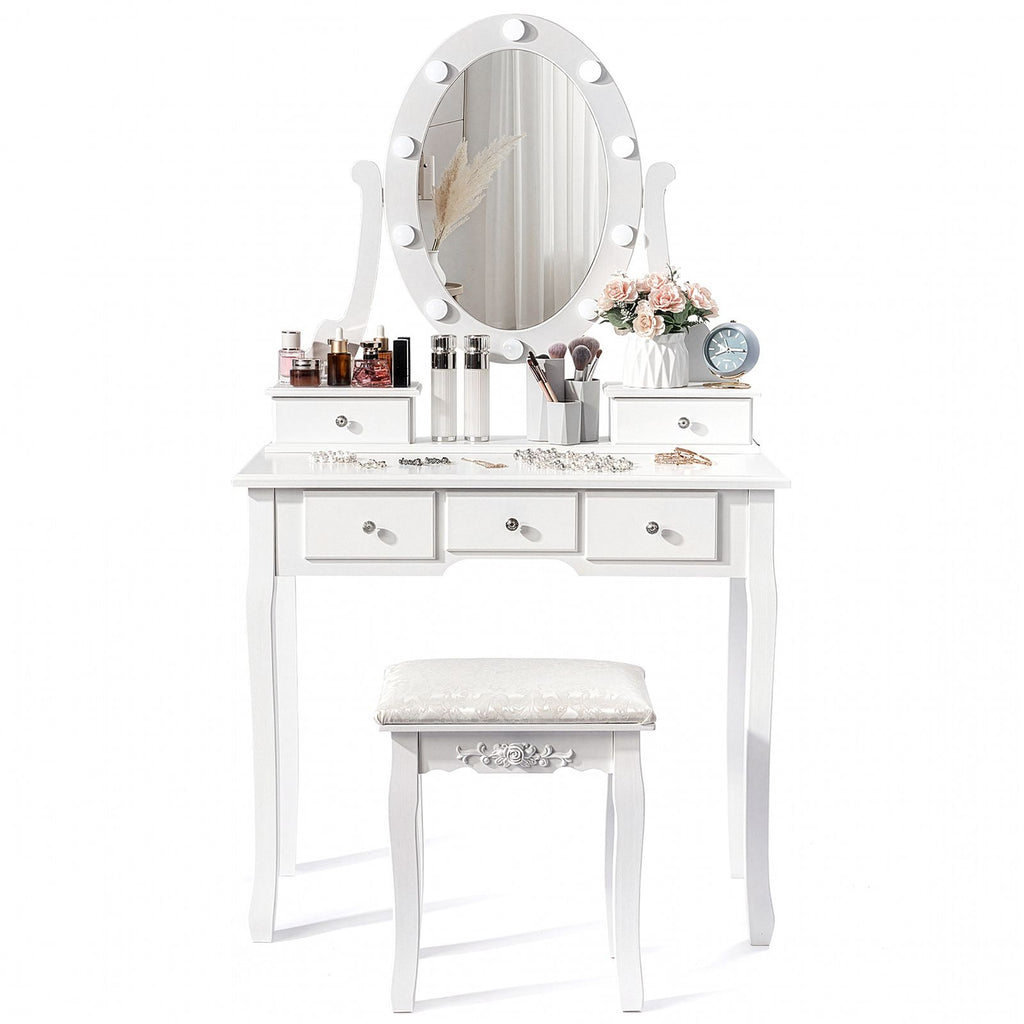 With Light Bulb Single Mirror 5 Drawer Dressing Table White=39757282,61588080