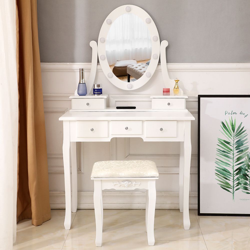 With Light Bulb Single Mirror 5 Drawer Dressing Table White=61588080,60709581