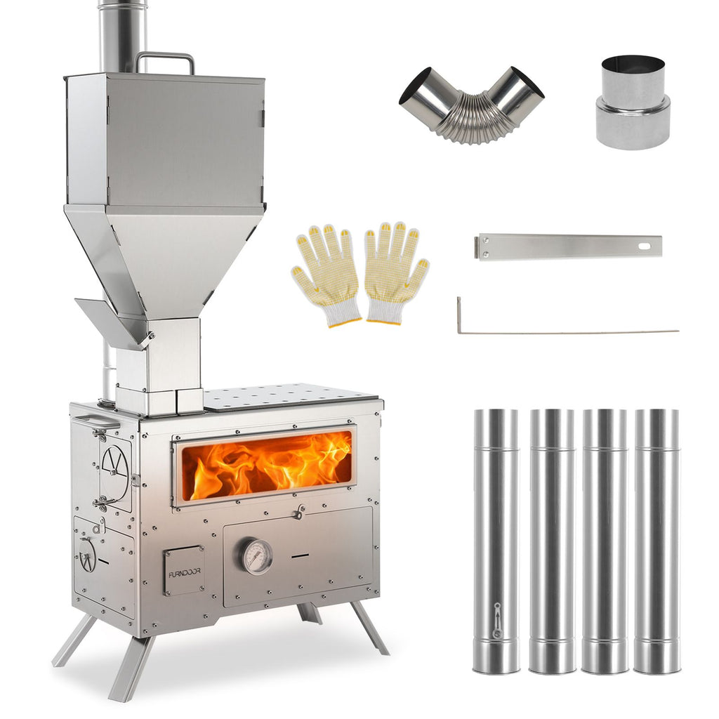 WoBurning Stove with Oven - Portable Pellet Stove with Chimney Pipes, 304 Stainless Steel Outdoor Hot Tent Camping Stove for Winter, Hunting, Cooking, Hiking,Compatible with Wood/Pellets