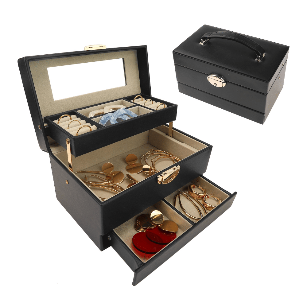 Women 3 Layer Jewelry Box PU Leather Jewelry CaseStoragewith Drawer Black