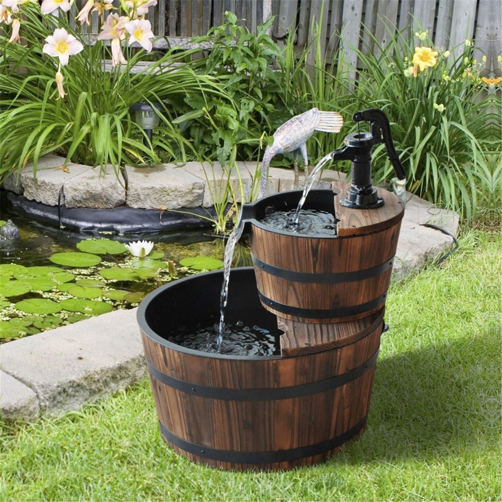 Wood 2-Tier Freestanding Water Fountain Barrel Waterfall with Electric Pump for Outdoor Decor