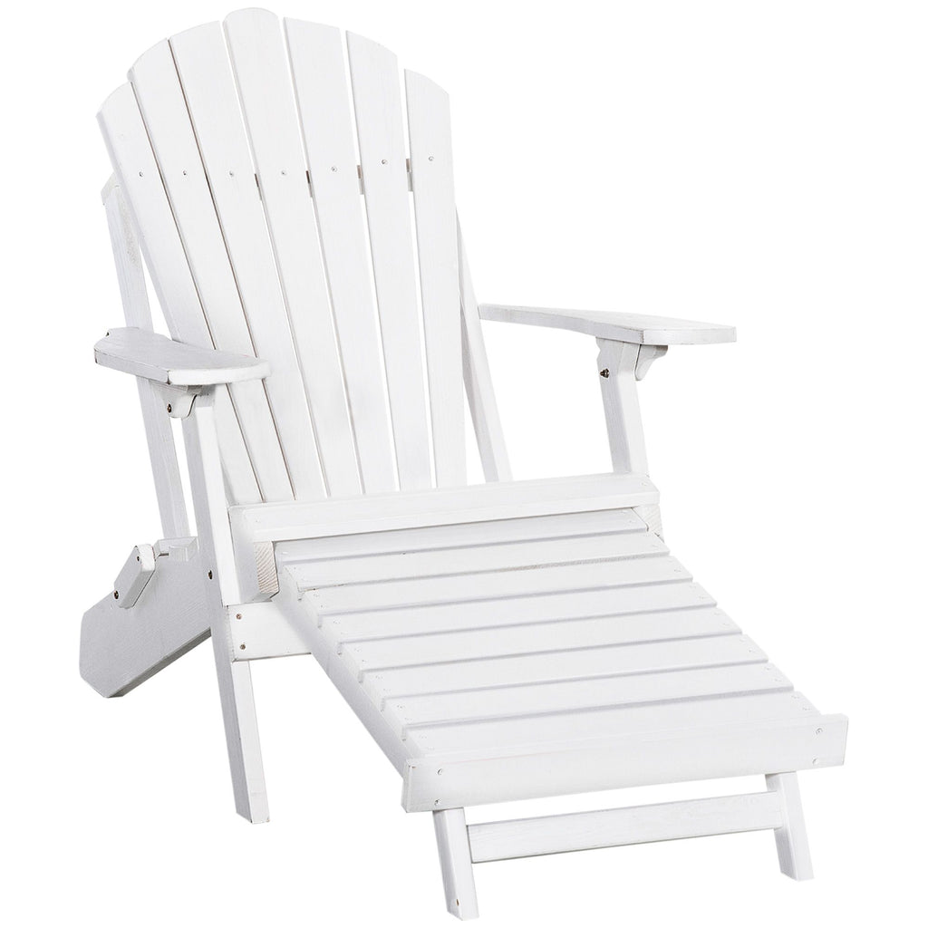 Wood Adirondack Chair with Pull-Out Footrest, Ergonomic Wooden Lounger, White for Patio & Poolside