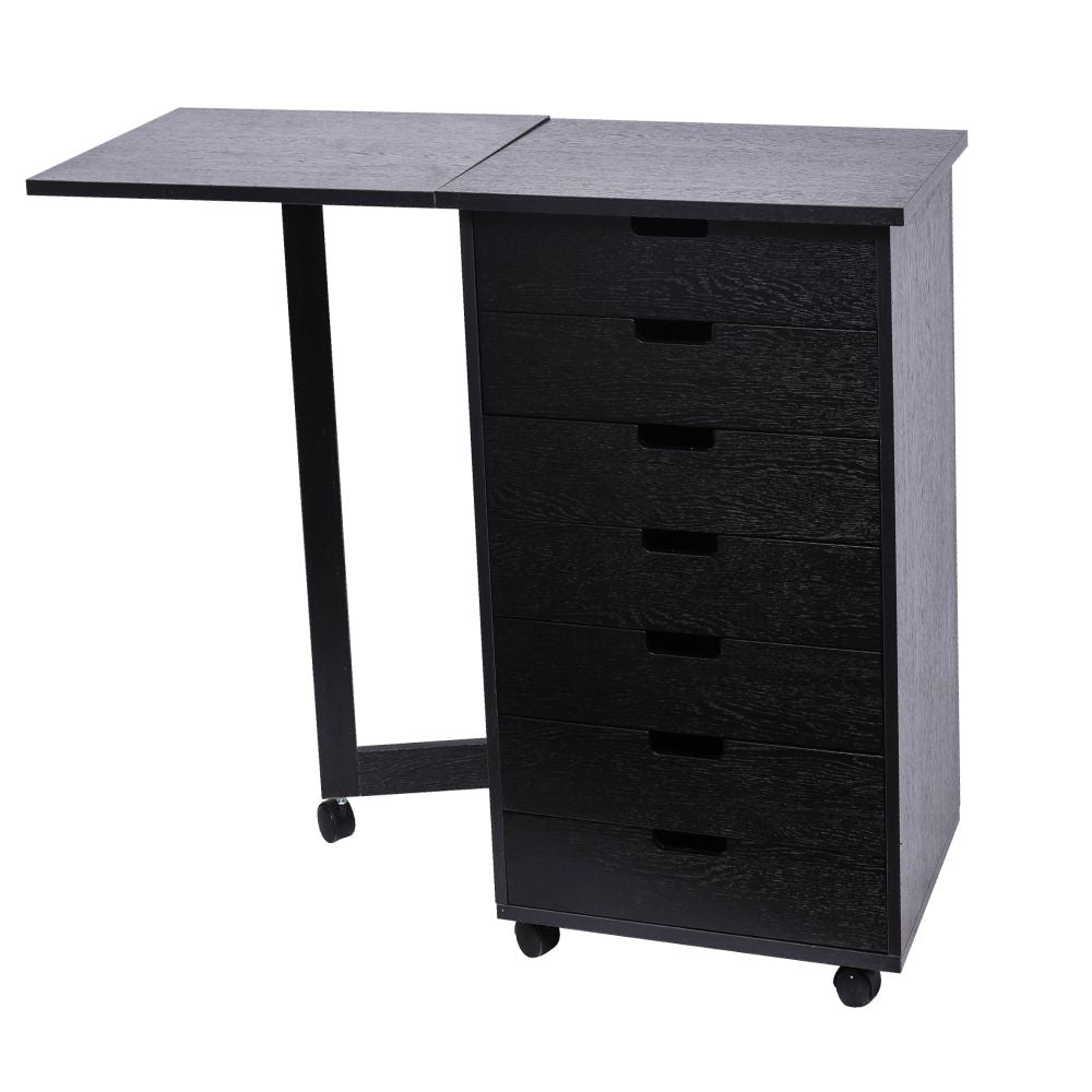 Wood Filing Cabinet, 7 Drawer Gate Leg Roll Cart with Desk Black Color RT
