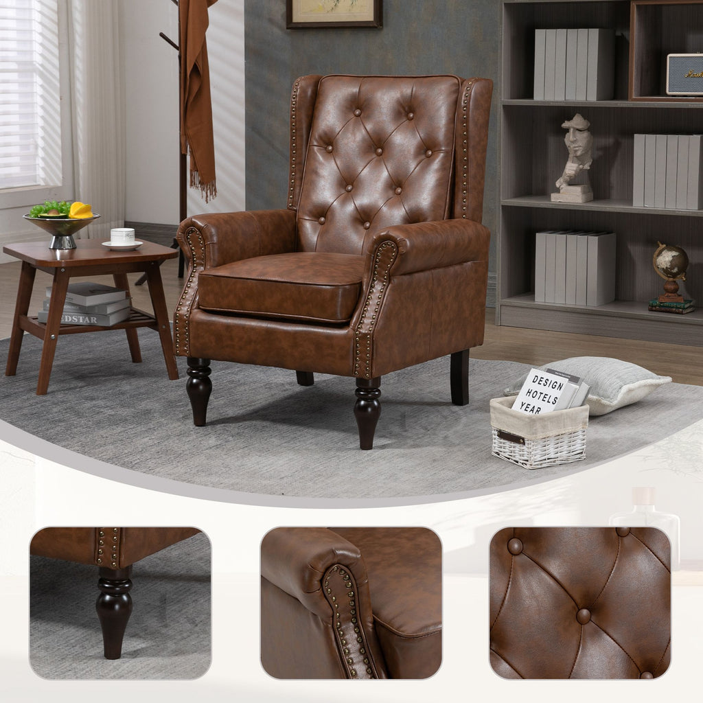 Wood Frame Armchair, Modern Accent Chair Lounge Chair with Sturdy Wood Legs for Living Room Bedroom (Brown PU)