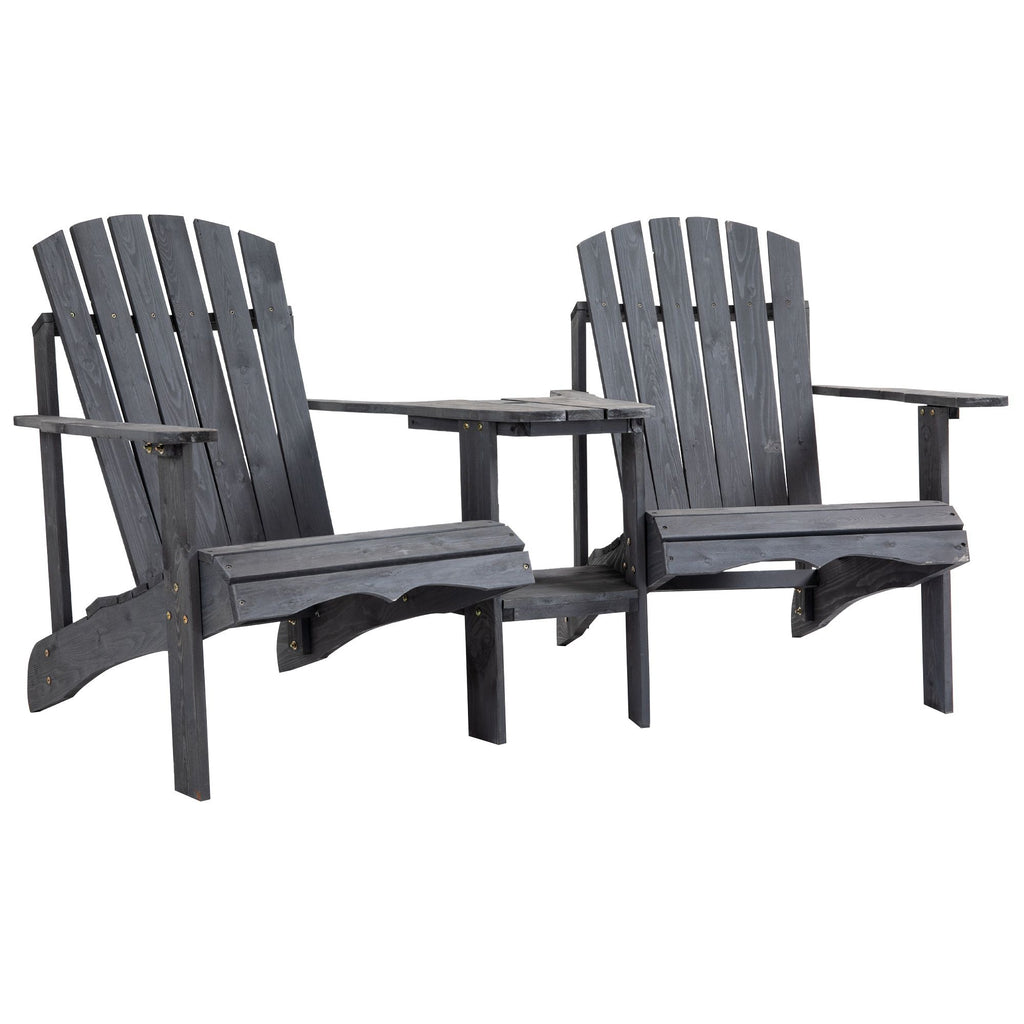 Wooden Adirondack Chairs Set of 2 Outdoor Double Seat w/ Center Table Umbrella Hole Patio Backyard Deck Grey