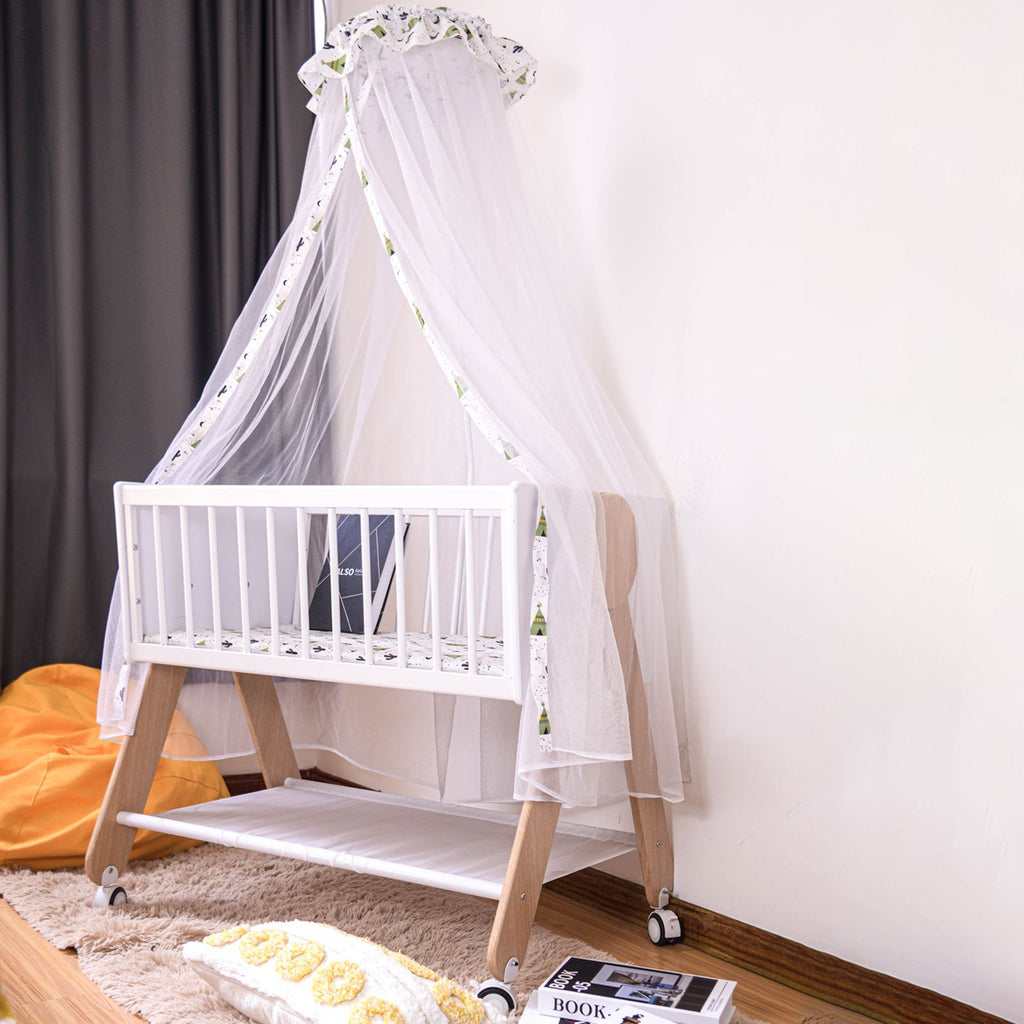 Wooden Bedside Bassinet Sleeper, Safe & Stylish Baby Crib Bassinet with Locking Wheels, Mosquito Net, Large Storage Basket, Mattress Pad Included, Bassinet for Newborn and Infants