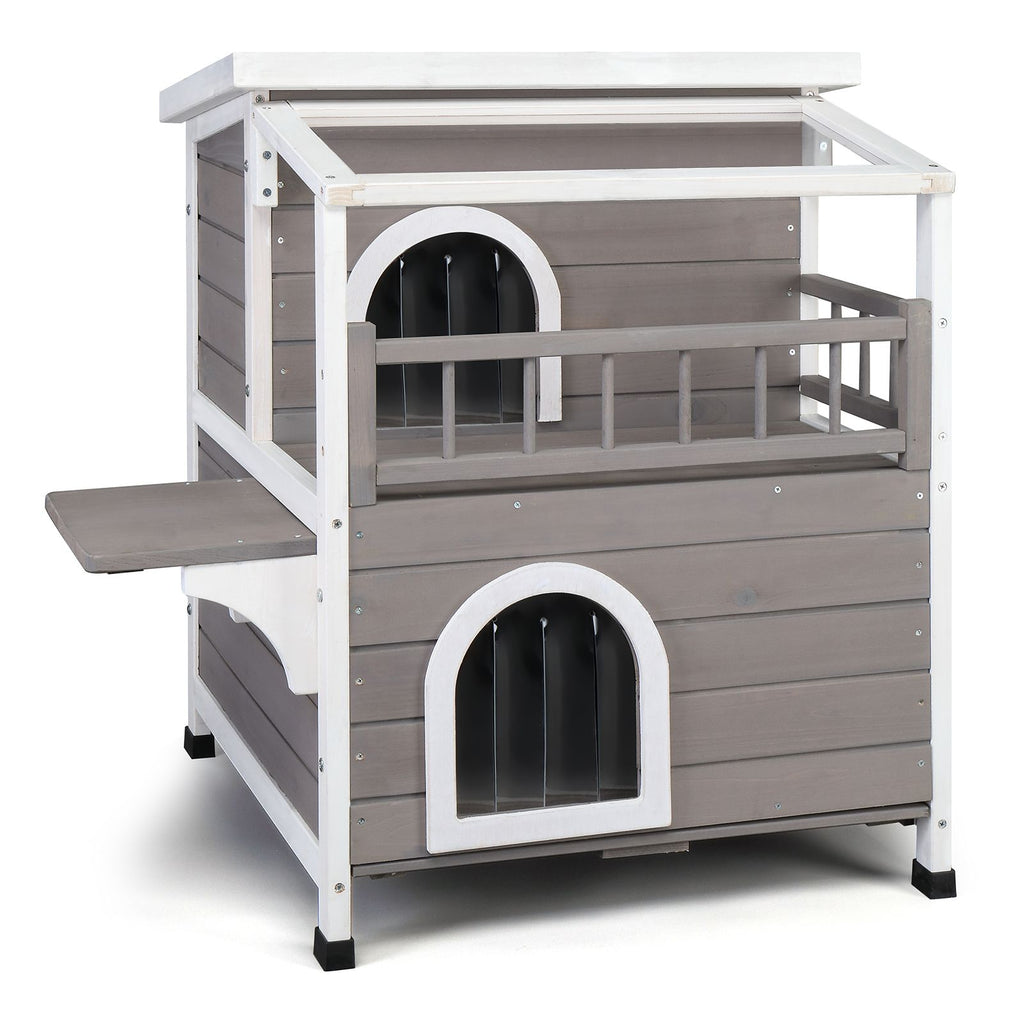Wooden Cat house 2-Story Indoor Outdoor Luxurious Cat Shelter House with Transparent Canopy, Large Balcony, Openable Weatherproof Roof,Double escape door, Grey&White