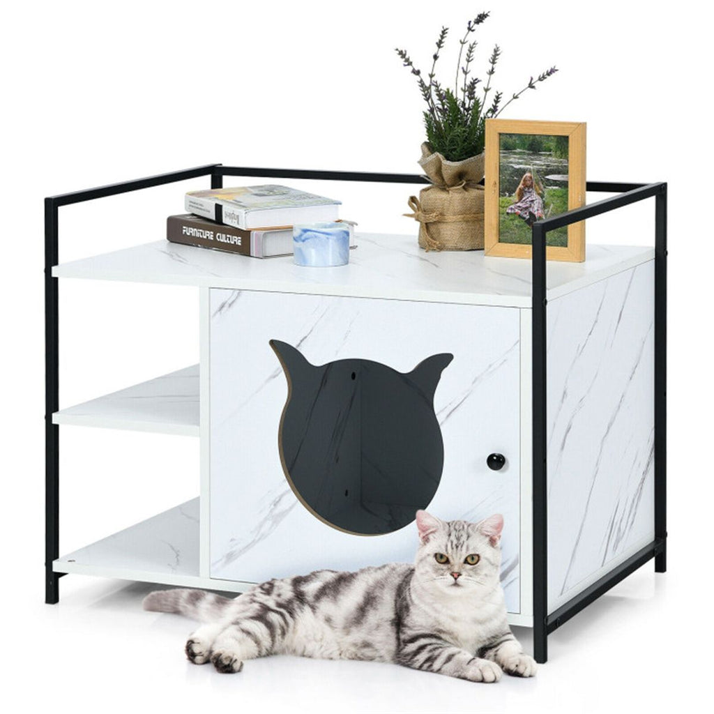 Wooden cat litter box, cat house with 2-level storage shelf living room end table