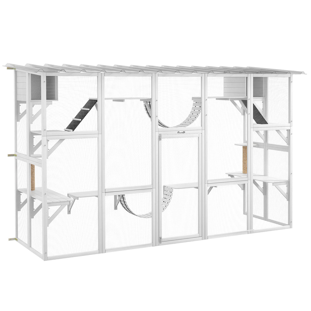 Wooden Catio Cat Window Box Enclosure, Outdoor Cat House with Roof & Play Shelves, 118" x 37.5" x 74", White