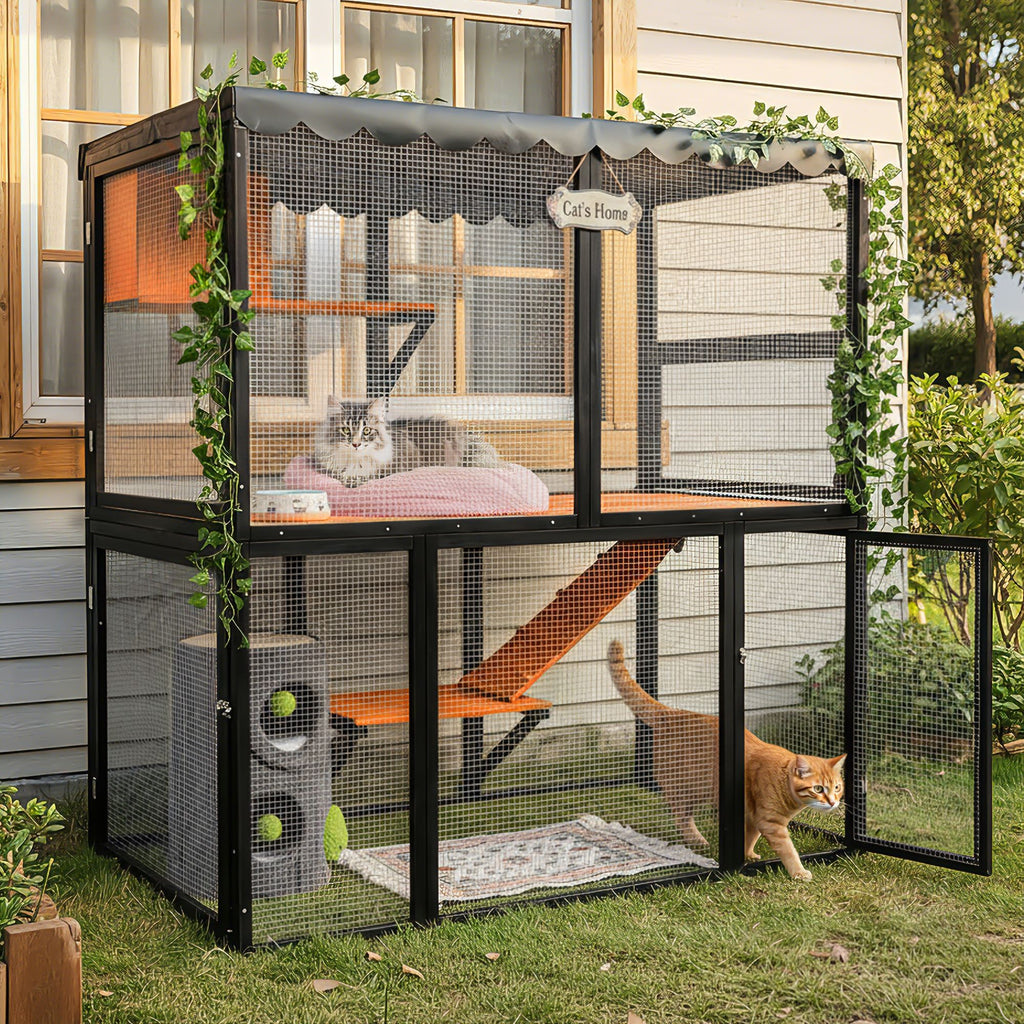 Wooden Catio Outdoor Cat Enclosure Large Cat House for Mulitiple Cats Walk ,Indoor 4 Tier Cat Enclosures House , Outdoor Cat Catio with Waterproof Cover,Ramp