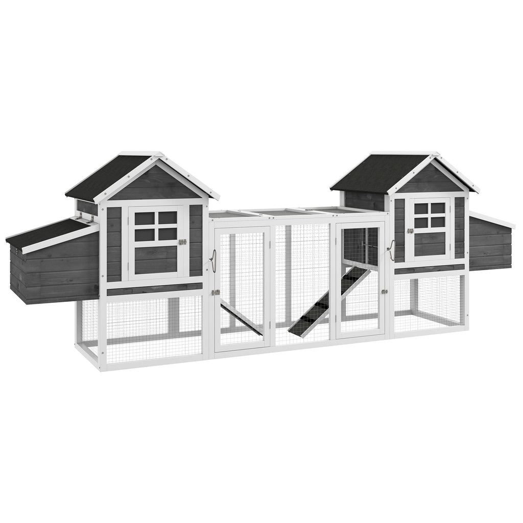 Wooden Chicken Coop 124" Dual Large Hen House Rabbit Hutch with Outdoor Ramps Nesting Boxes Gray