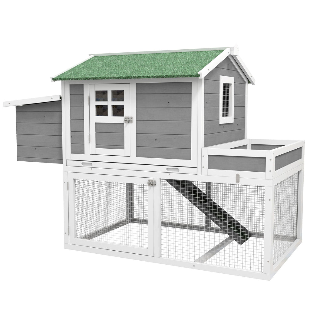 Wooden Chicken Coop for Outdoor Backyard with Raised Garden Bed, Run Area, Nesting Box Removable Tray, Gray