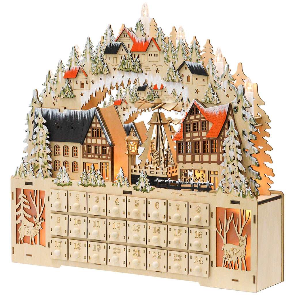 Wooden Christmas Advent Calendar with 24 Fillable Countdown Drawers and LED Lights, Battery Operated