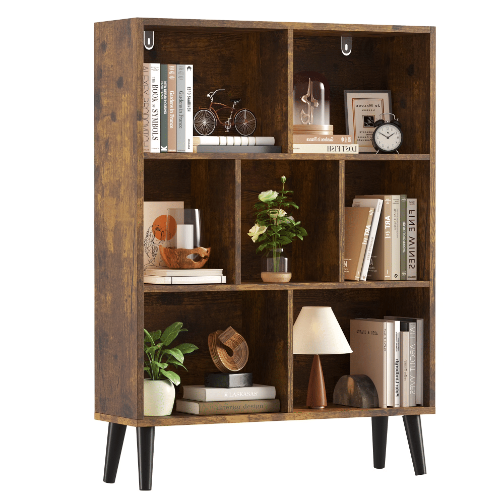 Wooden Cube Bookshelf, Open 3-Tier Bookcase with Legs, Freestanding BookshelvesStorageOrganizer Shelf, for Bedroom, Living Room, Office, Rustic Brown