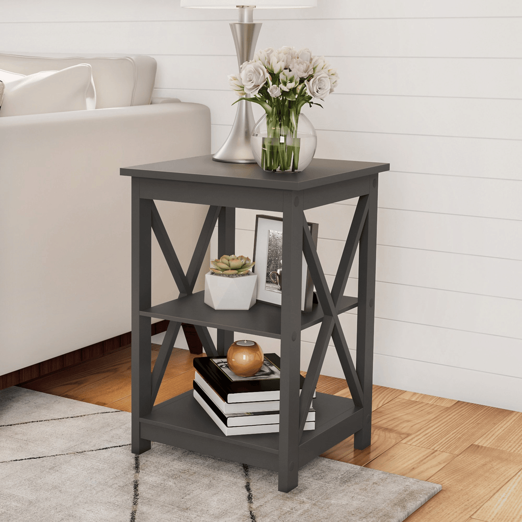 Wooden EndTable, Modern Style Sofa SideTablewith X-LegDesignand Two Shelves, Gray
