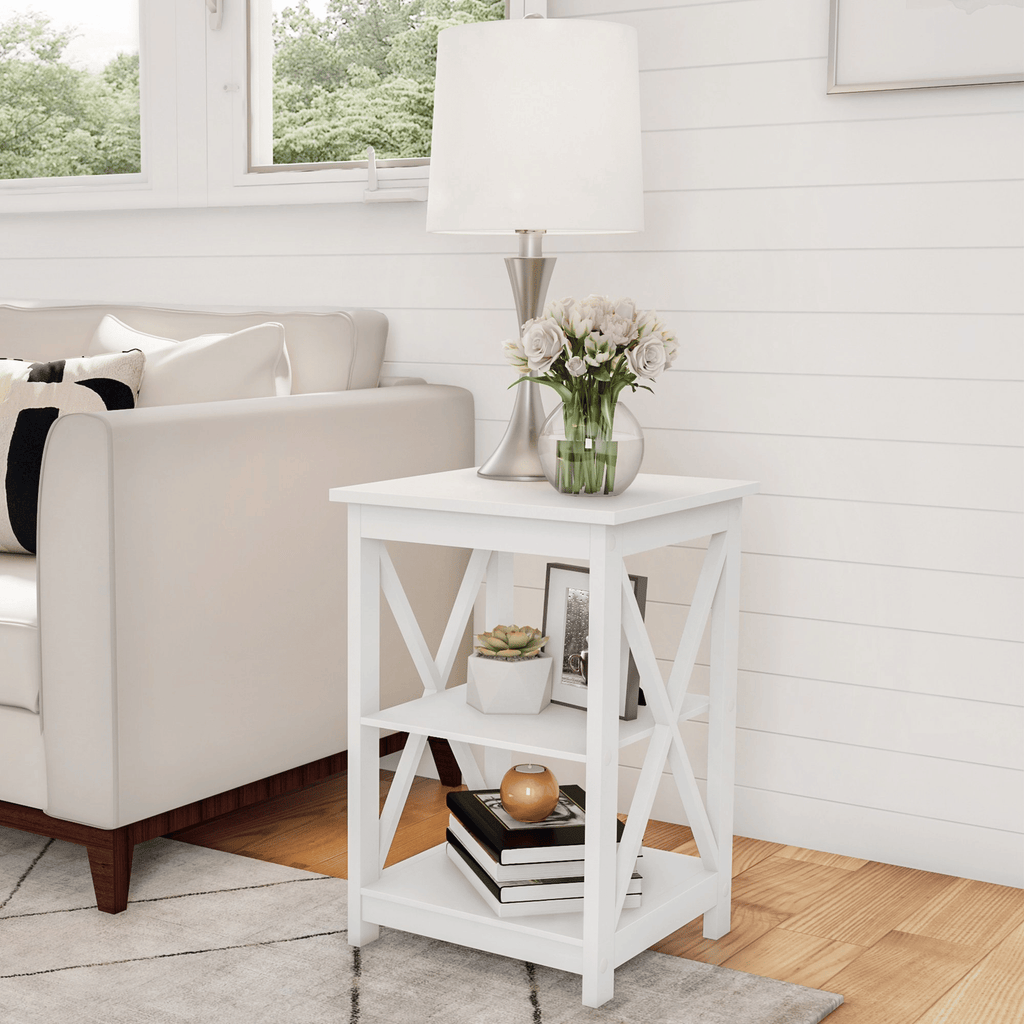 Wooden EndTablewith Two Shelves and X-ShapedDesign(White)