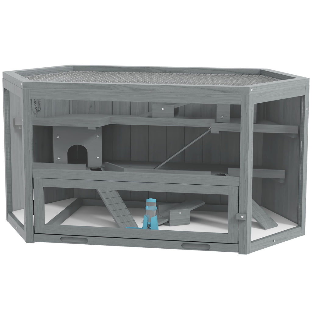 Wooden Hamster Cage 3 Tier Small Animal Exercise Play House with Accessories Gray