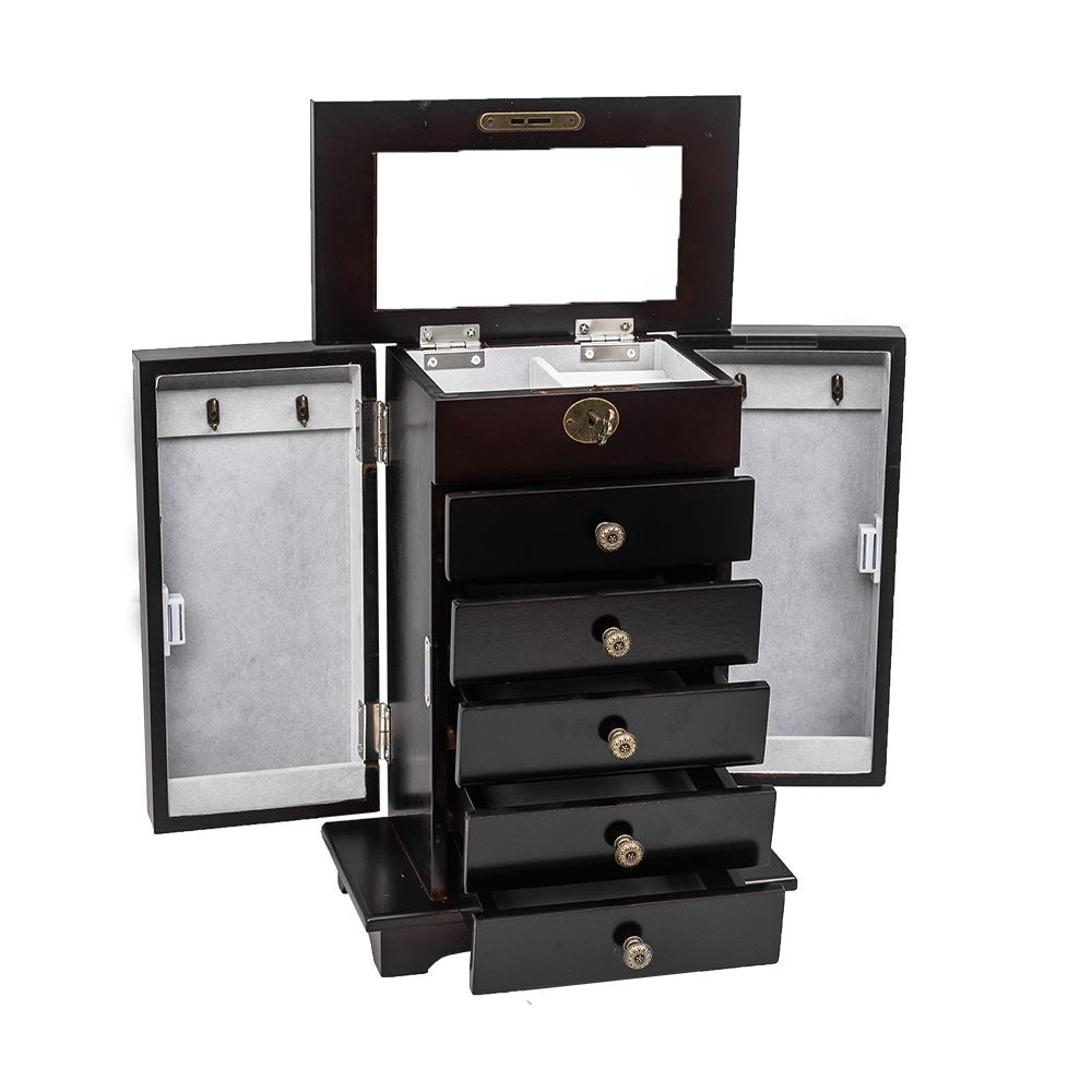 Wooden Jewelry Box Organizer Wood Cabinet 6 Layers Case with 5 Drawers- Brown