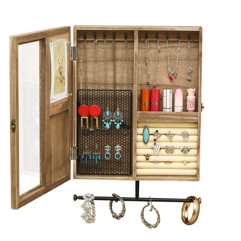 Wooden Jewelry Box With High-Grade Wall Barn Door Decoration, Jewelry Seat For Necklaces, Earrings, Bracelets, Rings And Other Accessories - Brown RT