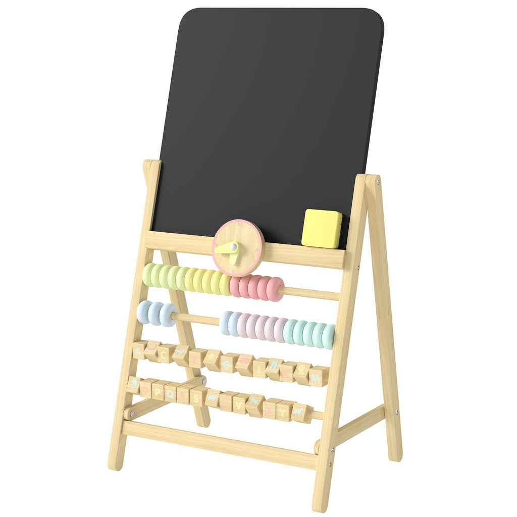 Wooden Kids Art Easel with Double-Sided Chalkboard, Clock, Abacus, Blackboard Eraser for Painting, for Ages 2+, Natural