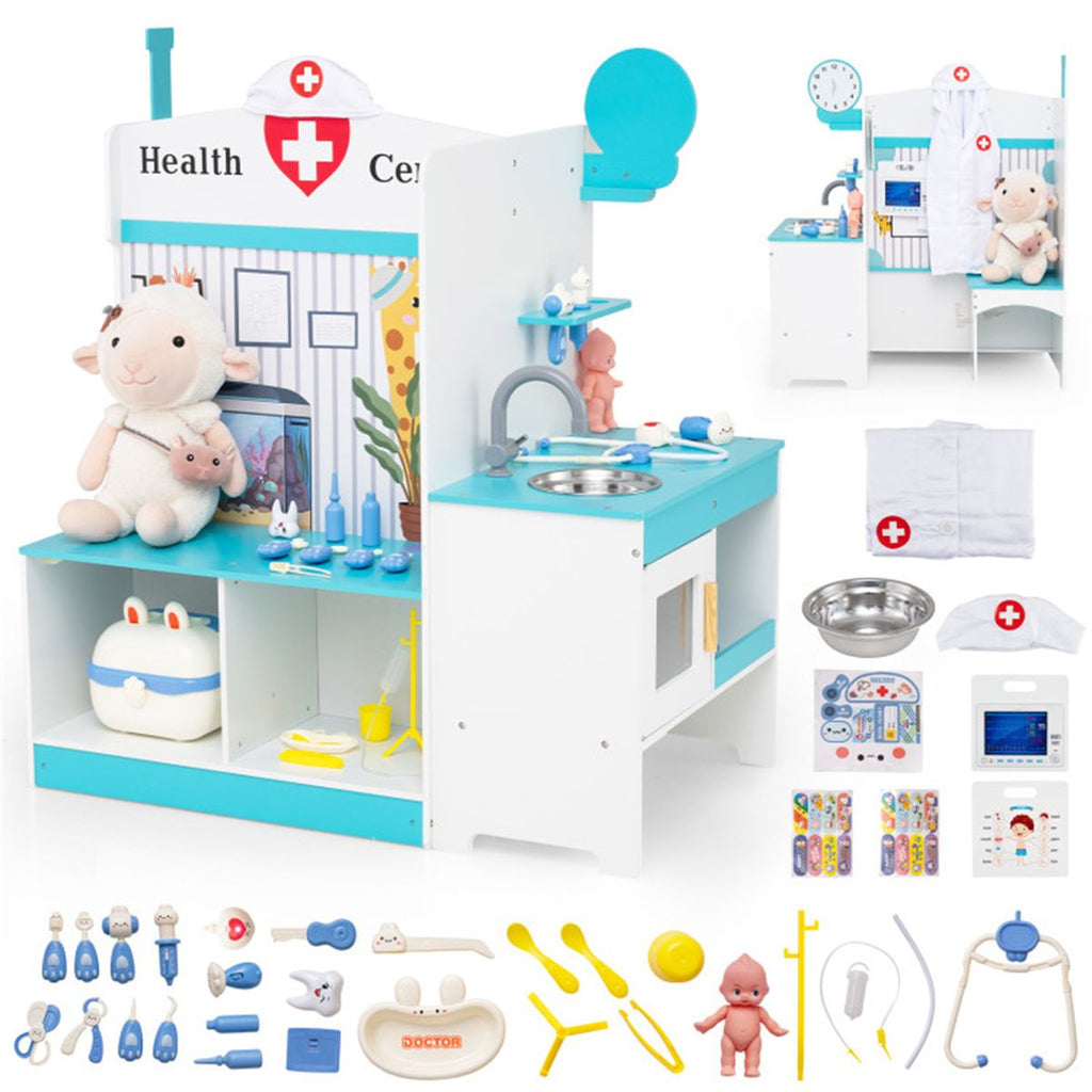 Wooden Kids Doctor Medical Station Playset, 93.98×54.61×99.06cm 27PCS Medical Tools with ECG Monitor for 3-6 Years, Blue + White