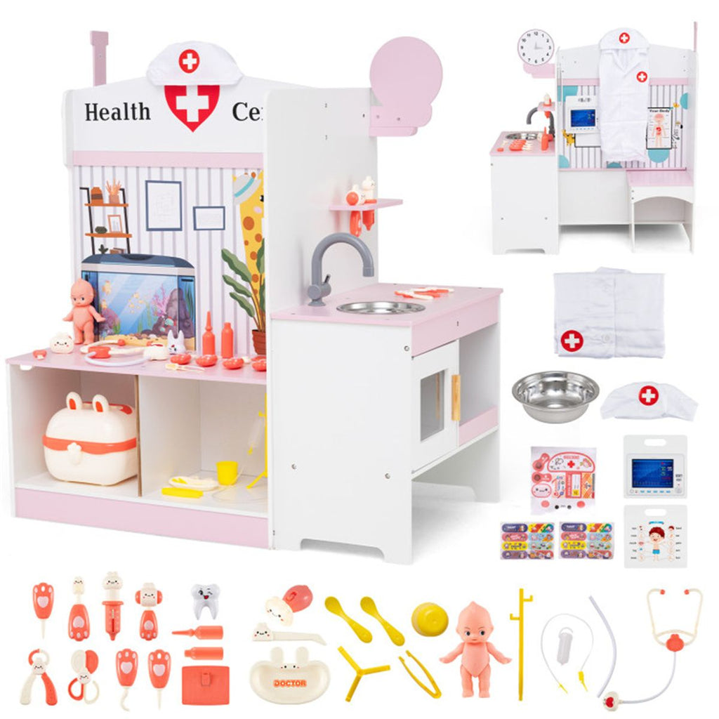Wooden Kids Doctor Medical Station Playset, 93.98×54.61×99.06cm 27PCS Medical Tools with ECG Monitor for 3-6 Years, Pink+White