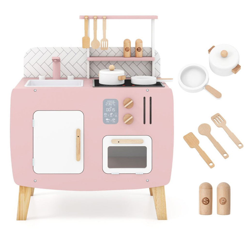 Wooden Kids Kitchen Playset with Cookware Accessories, Storage Cabinet & Hanging Hooks for Toddlers