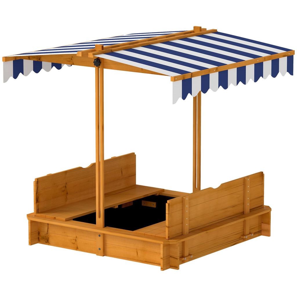 Wooden Kids Sandbox with Adjustable Canopy, Foldable Bench Seats, and Cover, Red