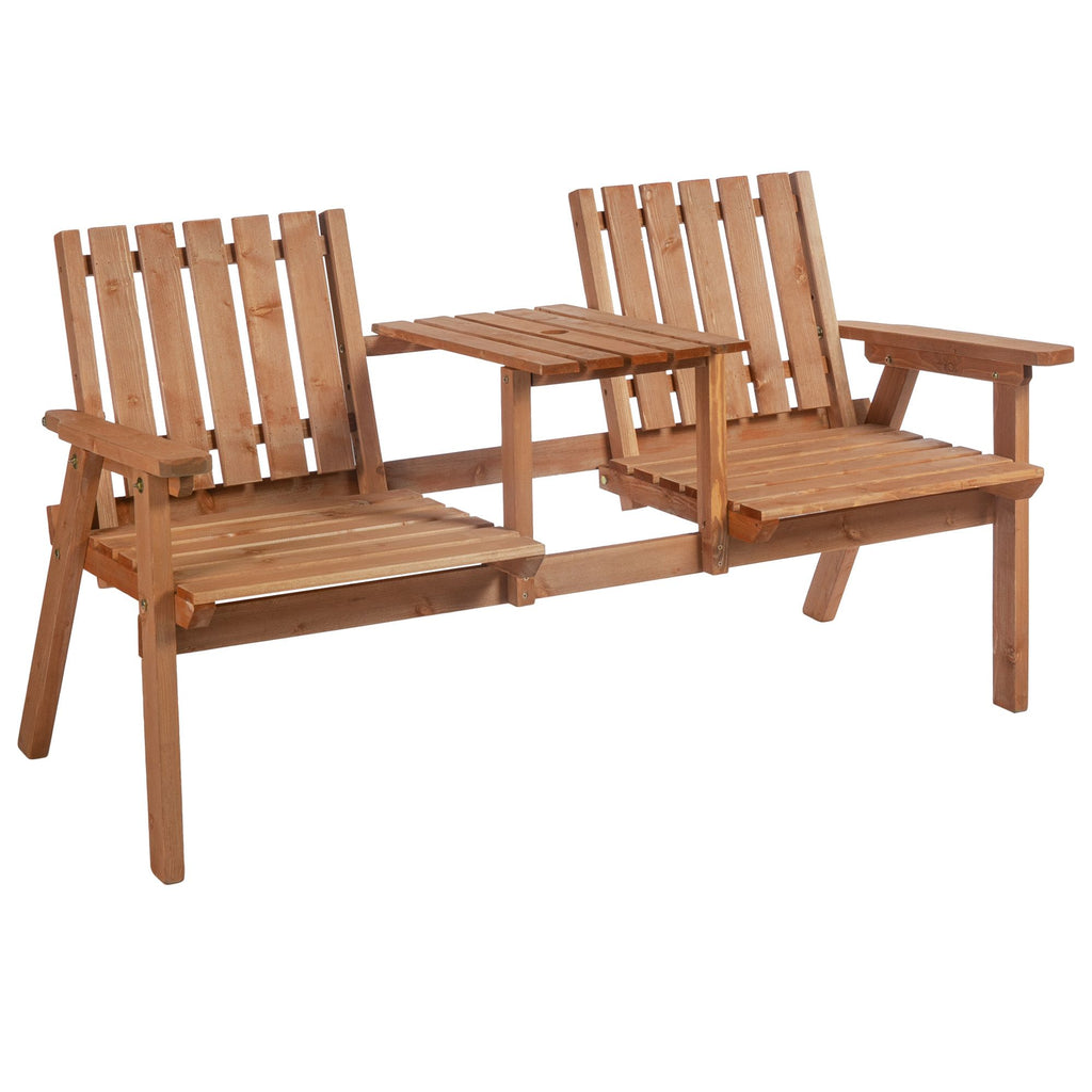 Wooden Love Seat with Umbrella Hole, Orange Finish, Center Table for Cozy Patio Moments