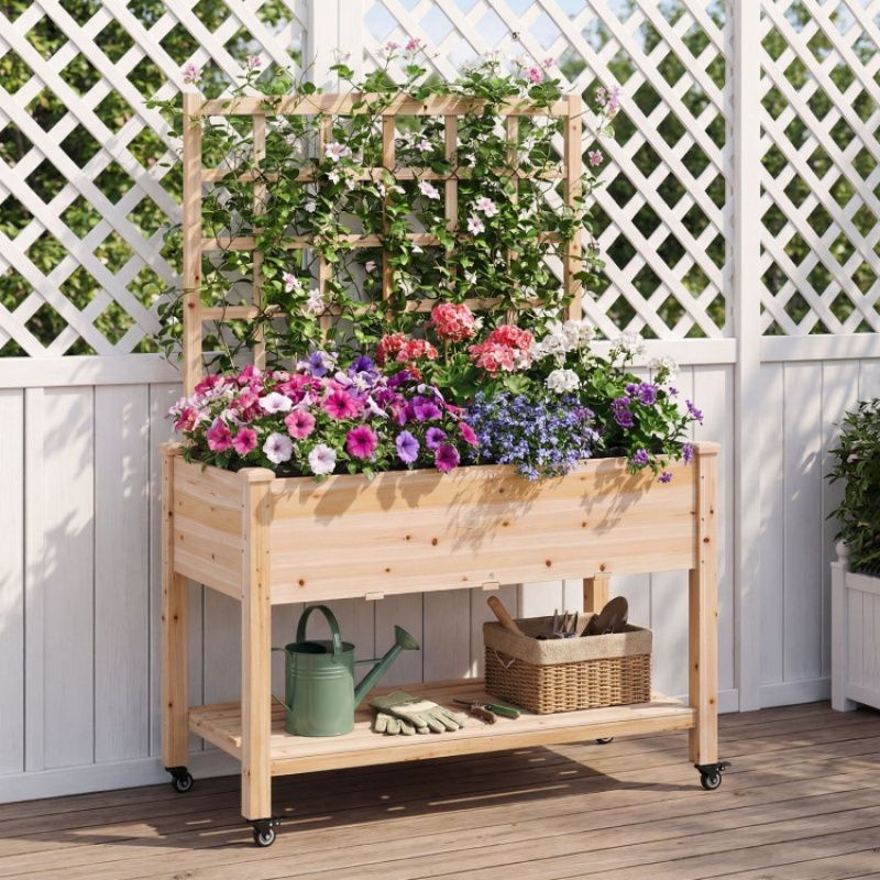 Wooden Mobile Raised Garden Bed on Wheels with Trellis