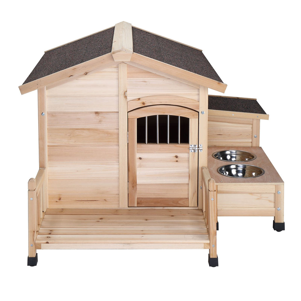 Wooden outdoor dog house Pet House shelter Cabin style, Asphalt roof waterproof, With porch, Feeding bowl, Storage box,natural