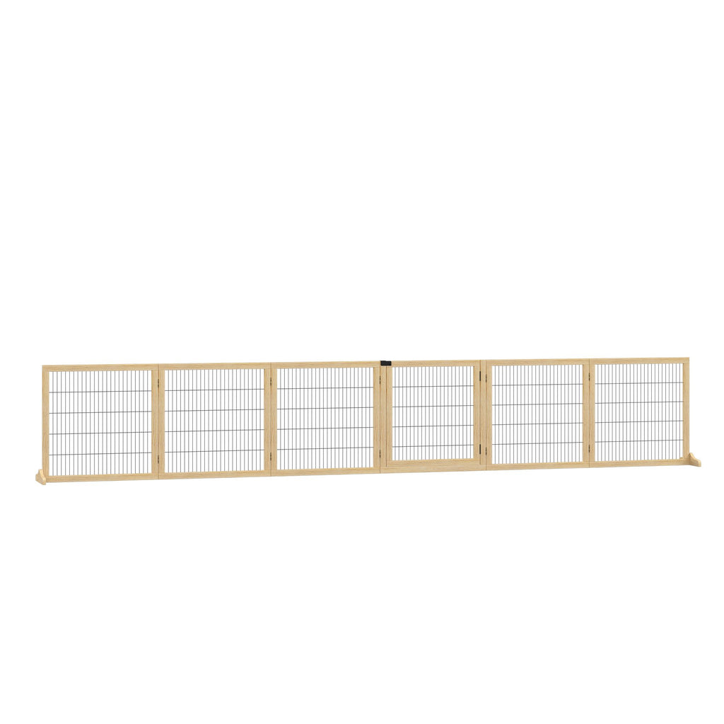 Wooden Pet Gate, 6-Panel Folding Dog Safety Barrier with Support Feet for Small & Medium Dogs, Natural Wood