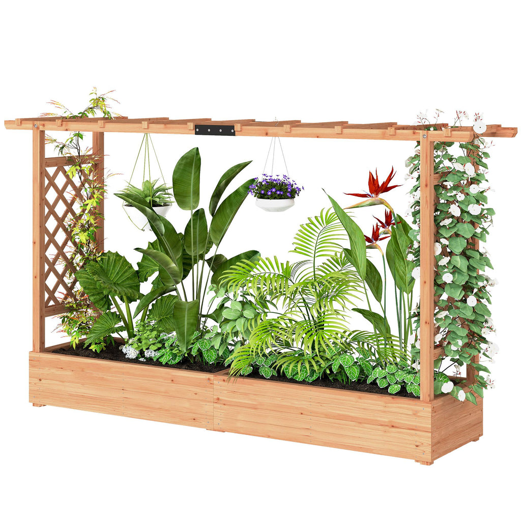 Wooden Planter Box with Trellis, Hanging Roof and Drainage Holes for Climbing Plants, Vegetables, Herbs and Flowers