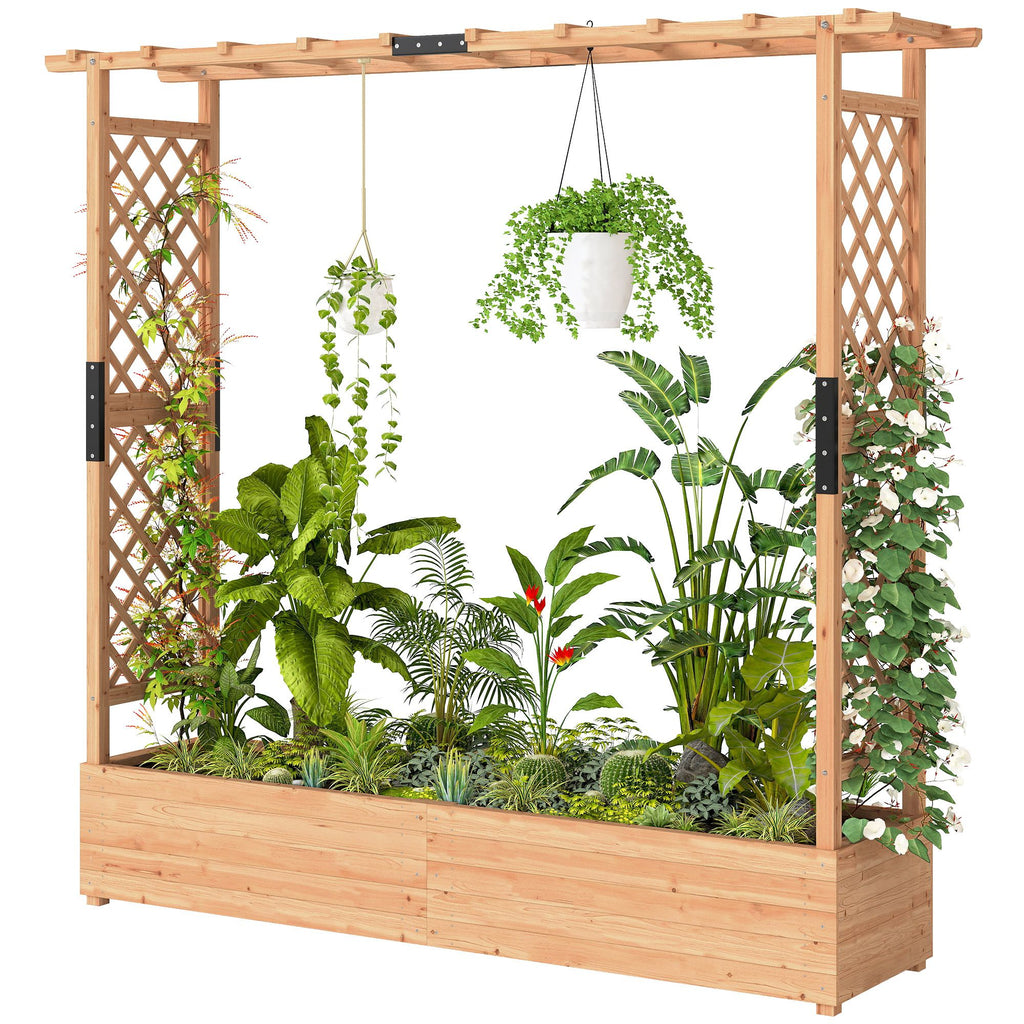 Wooden Planter Box with Trellis, Hanging Roof and Drainage Holes for Climbing Plants, Vegetables, Herbs and Flowers
