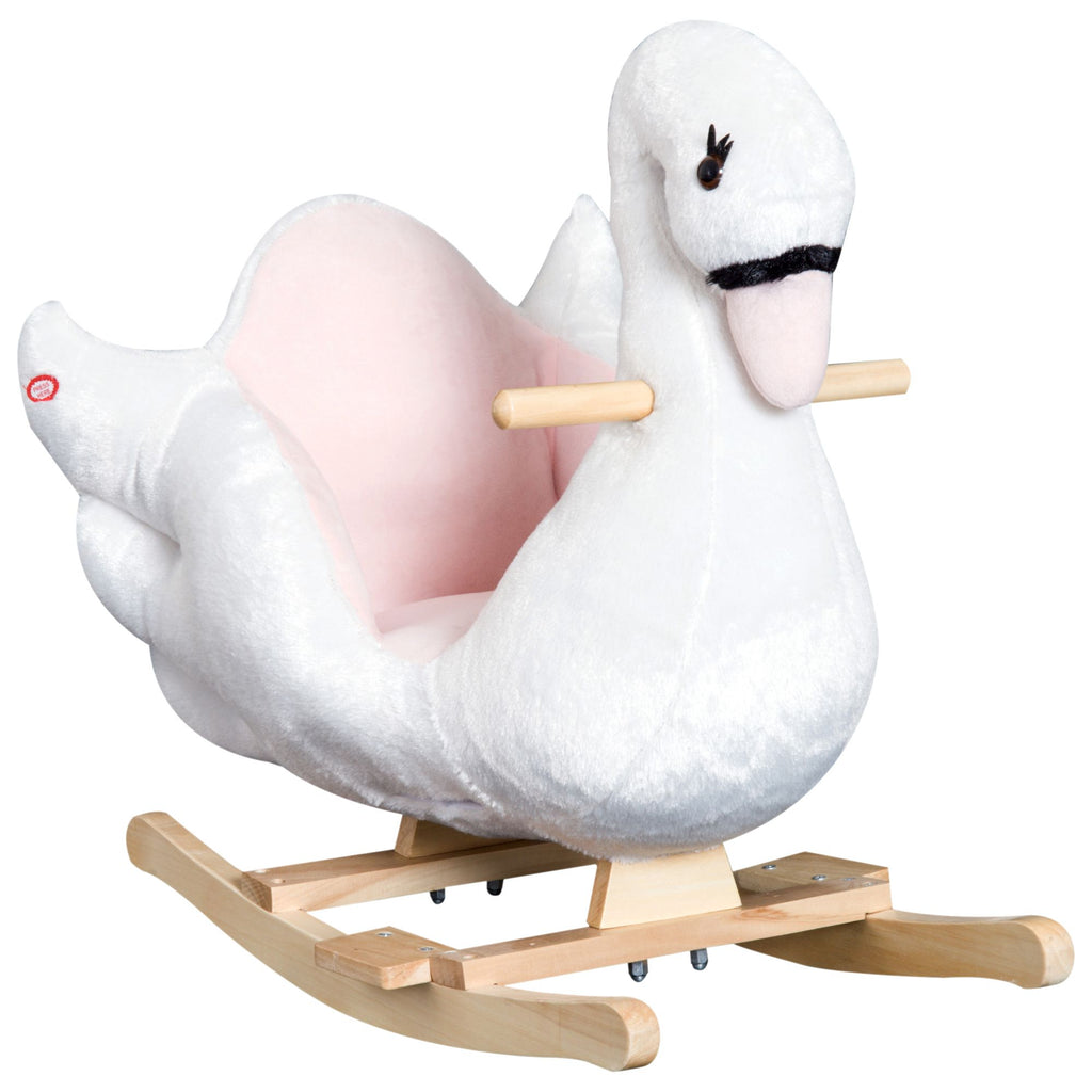 Wooden Plush Swan Rocking Horse, Ride-On Toy with Music, White & Pink, Soothing for Infants & Toddlers