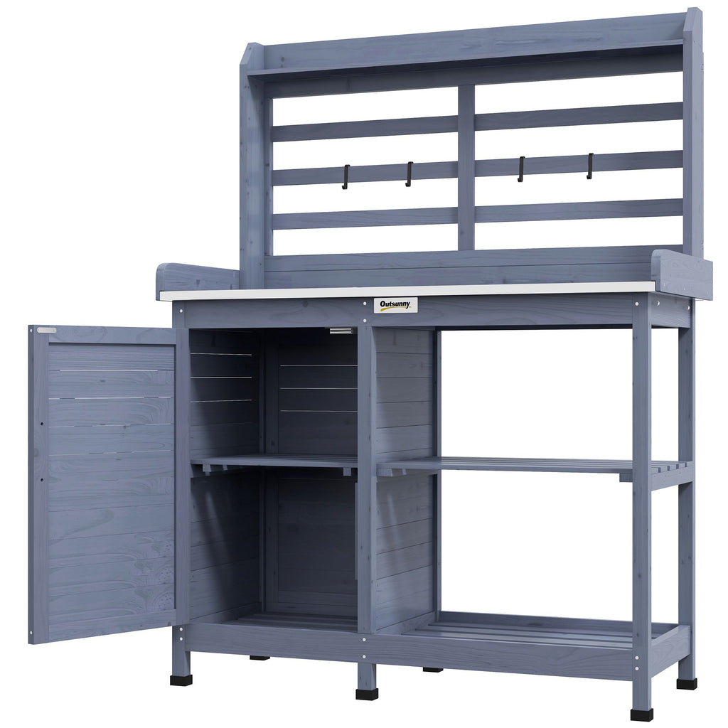 Wooden Potting Bench for Outdoor Use, Gray with Aluminum Table Top, Storage for Garden Tools & Plants