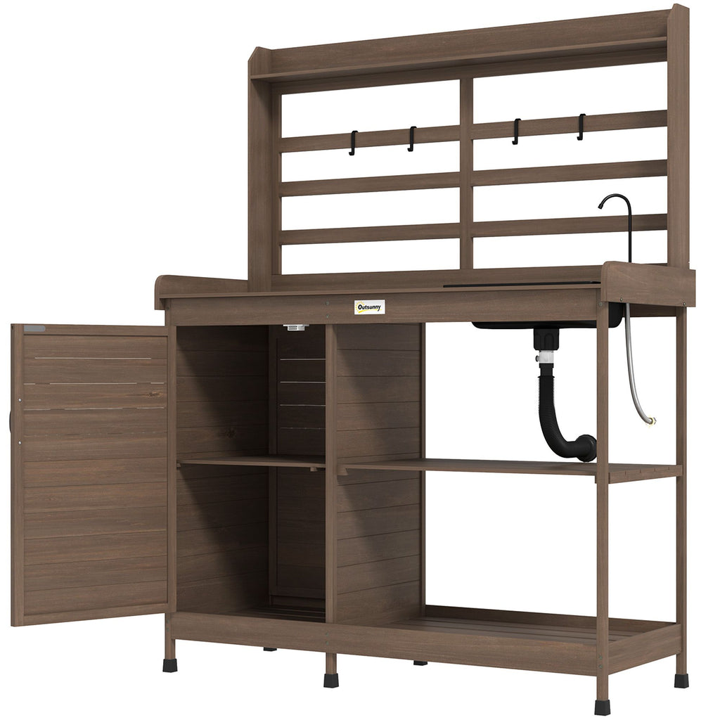 Wooden Potting Bench with Storage, Sink, Water Tap for Backyard, Patio, Balcony, Dark Brown