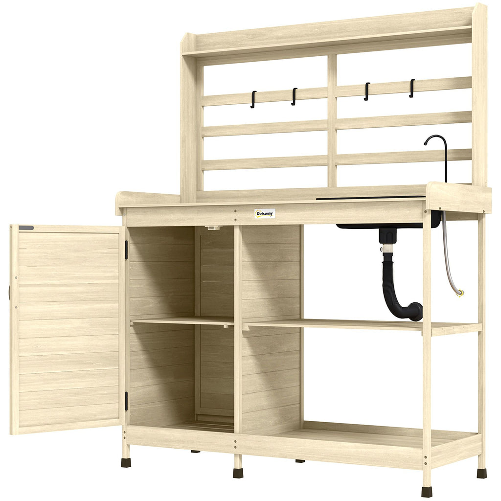 Wooden Potting Bench with Storage, Sink, Water Tap for Backyard, Patio, Balcony, Natural
