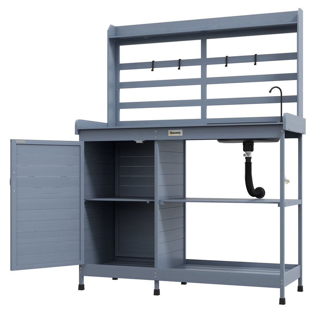 Wooden Potting Station with Sink, Tap, and Aluminum Top for Gardening Convenience Gray