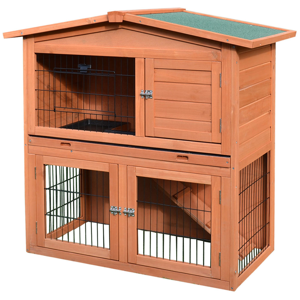 Wooden Rabbit Hutch 40 Outdoor Bunny Cage with Leakproof Tray Ramp Weatherproof Roof Natural