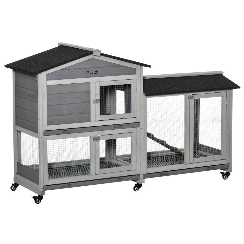 Wooden Rabbit Hutch 62" with Wheels Light Gray Bunny Cage Pet Playhouse Indoor Outdoor